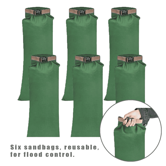 6-Pack Light Green Reusable Flood Barrier Bags - Thickened Long Canvas Sandbags with Buckle Clips for Home Flood Control, Quick Protection for Door, Window, Garage, Basement (Empty, No Sand)
