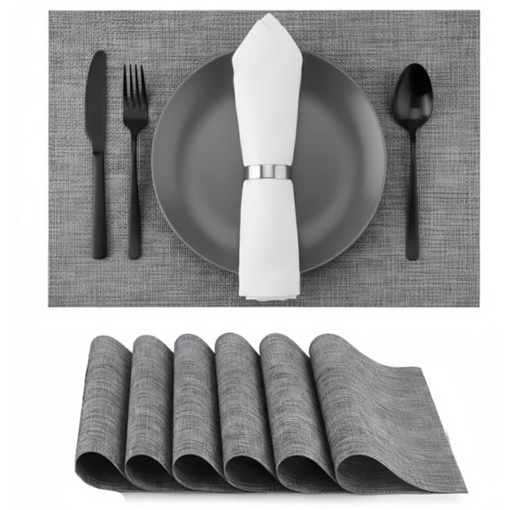 6-Pack Light Grey Faux Leather Placemats (11.8"x17") - Waterproof Heat-Resistant Anti-Slip PU Table Mats for Western Restaurant & Home Dining