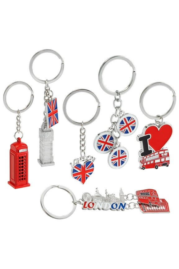 6 Pack London Keychain Souvenir Gifts, Key Rings with British UK Flag, Phone Booth, Big Ben, Double-Decker Bus, England