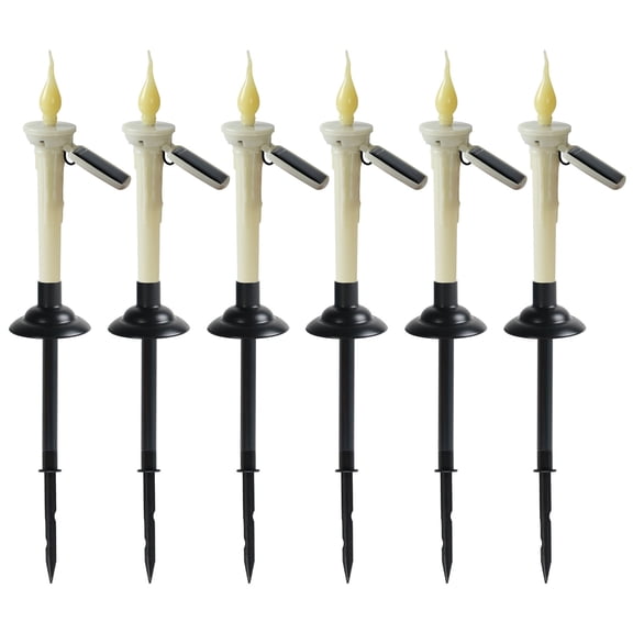 6 Pack Long Pole Solar Powered LED Candle Lamps, Weather Resistant Ground Stake Lights, Realistic Candle Glow Decor for Yard Landscaping, Garden Ornament and Outdoor Night Scene Lighting