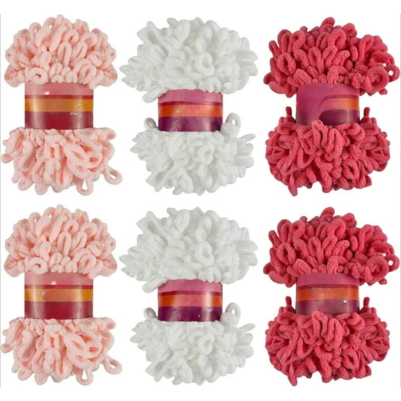 6 Pack Loop Yarns Fun Finger, Off The Hook Yarn, Chunky Chenille Yarn for Crocheting, 6 Skeins Soft Loop Blanket Yarn for Beginners Knitting No Needles or Hooks(White,Pink,Rose)
