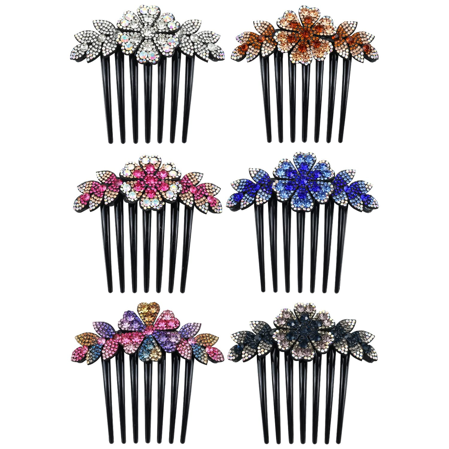 6 Pack Luxury Sparkly Glitter Flower Leaf Rhinestone Black Plastic Side French Twist Hair Combs Long Teeth Slide Hairpins Barrettes Bun Chignon Clips Long Thick Hair Holder Accessories for Women Girl