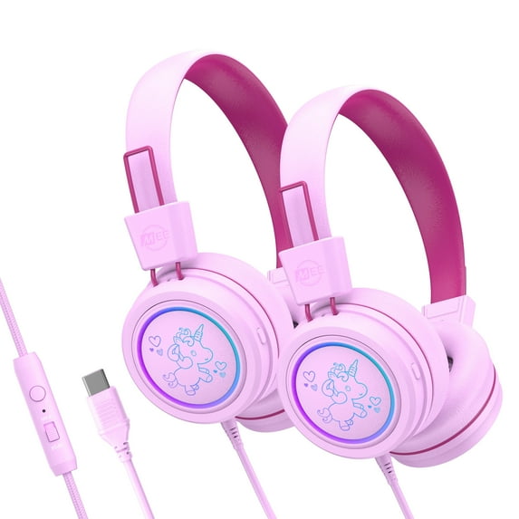 2 Pack Multicolor MEE audio KidJamz KJ55 Safe Listening USB-C Kids Headphones with LED Lights for Girls / Students / School / Library / Classroom
