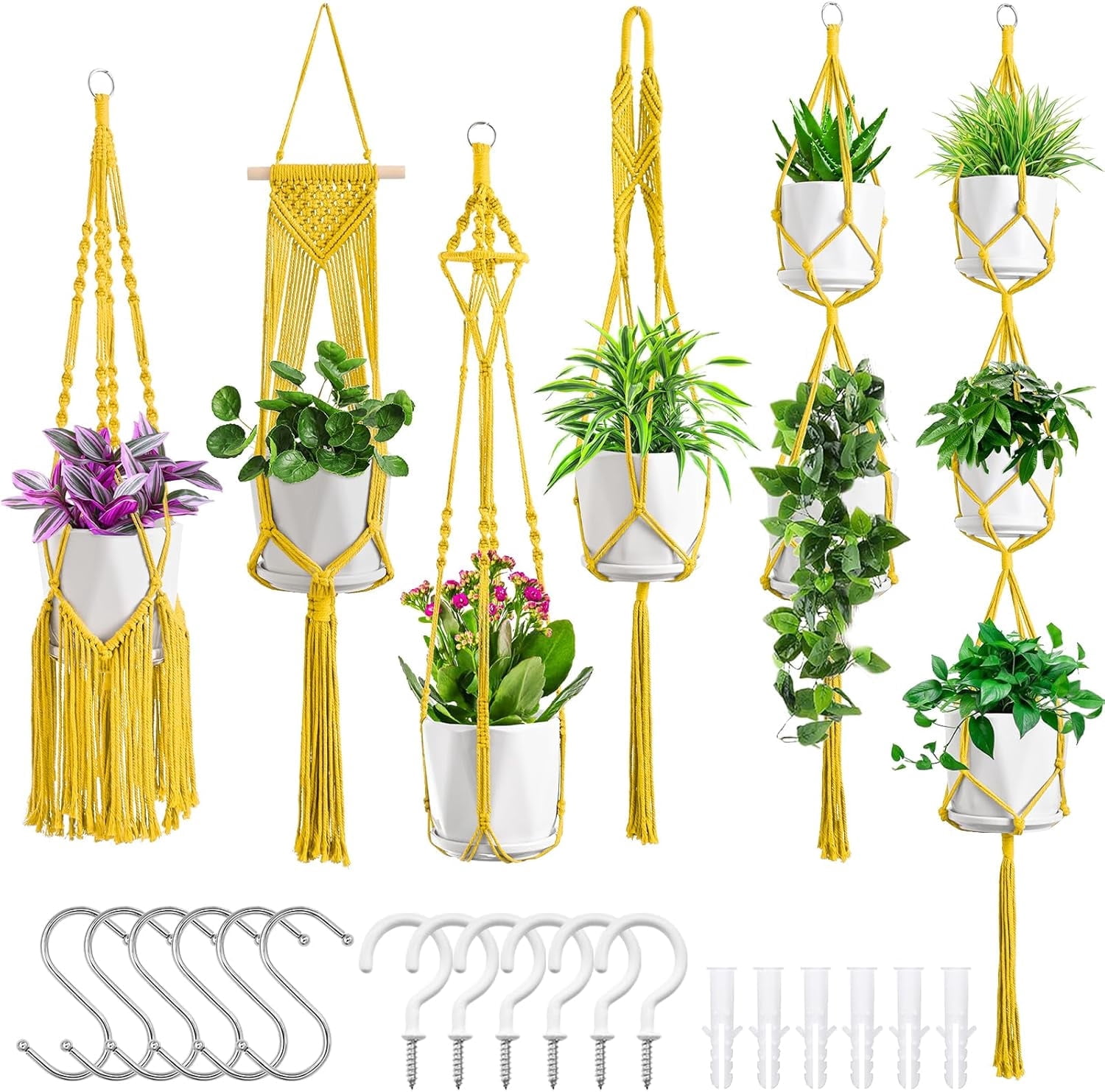 6-Pack Macrame Plant Hangers for Indoor Plants – Handmade Boho Decor ...