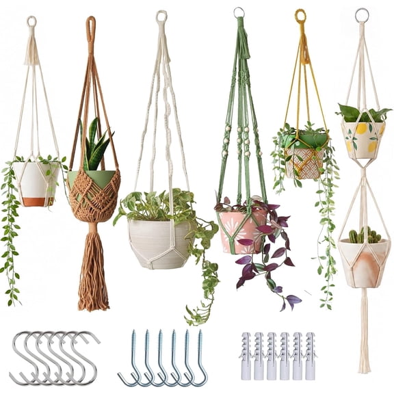 Macrame Plant Hangers, Handwoven Cotton Rope with Hooks for Indoor Boho Decor, 6 Pack