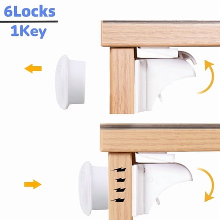 6-Pack Magnetic Cabinet Locks with 1 Key, Baby Proofing Safety Latches for Cabinets Drawers Doors, No Drill No Tools Installation, Child Proof Kitchen Lock