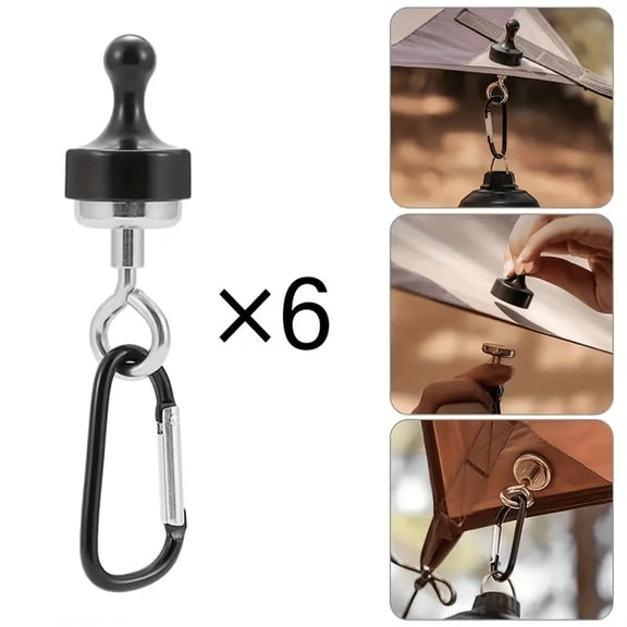 6 Pack Magnetic Camping Light Hook, Heavy-Duty Hanging Carabiner for Canopy, Tarp & Tent, Black