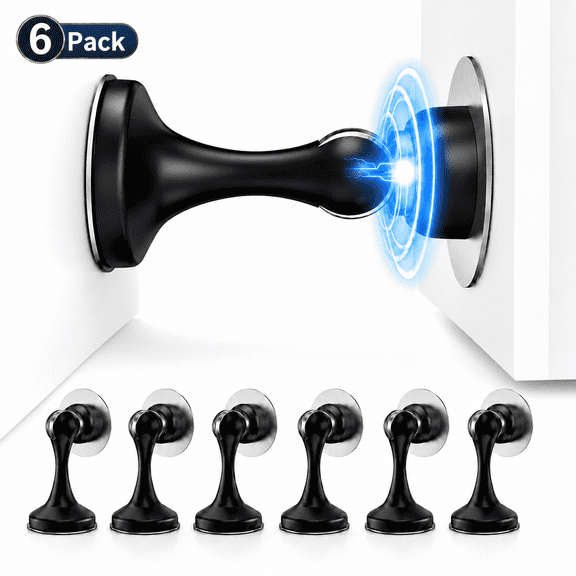 6 Pack Magnetic Door Stoppers, Stainless Steel Door Stops, Wall-Mounted and Floor Mounting Metal Doorstops, Door Holder to Keep Door Open, No Drilling Door Stop with Adhesive Tapes, Black