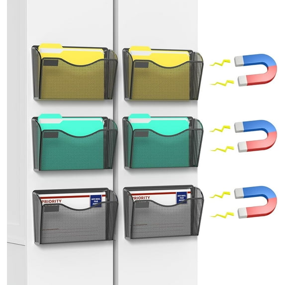 6 Pack Magnetic File Holder, Mesh Wall File Organizer File Pocket Mail Organizer Paper Folder Holder for Office/Home, No Drilling(Magnetic)