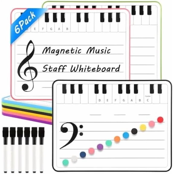 6 Pack Magnetic Music Staff Whiteboard 9'' x 12'' Mini Dry Erase Board for Piano Students Musicians Small White Board Music Classroom Supplies Keyboard Practice (Include 12 Magnets & 6 Markers)