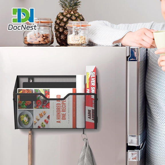 6 Pack Magnetic Wall Mounted File Holders, Mesh Letter Organizer with Hooks, Magnetic Hanging Mail Paper Document Organizer for Office, Home, School, Black