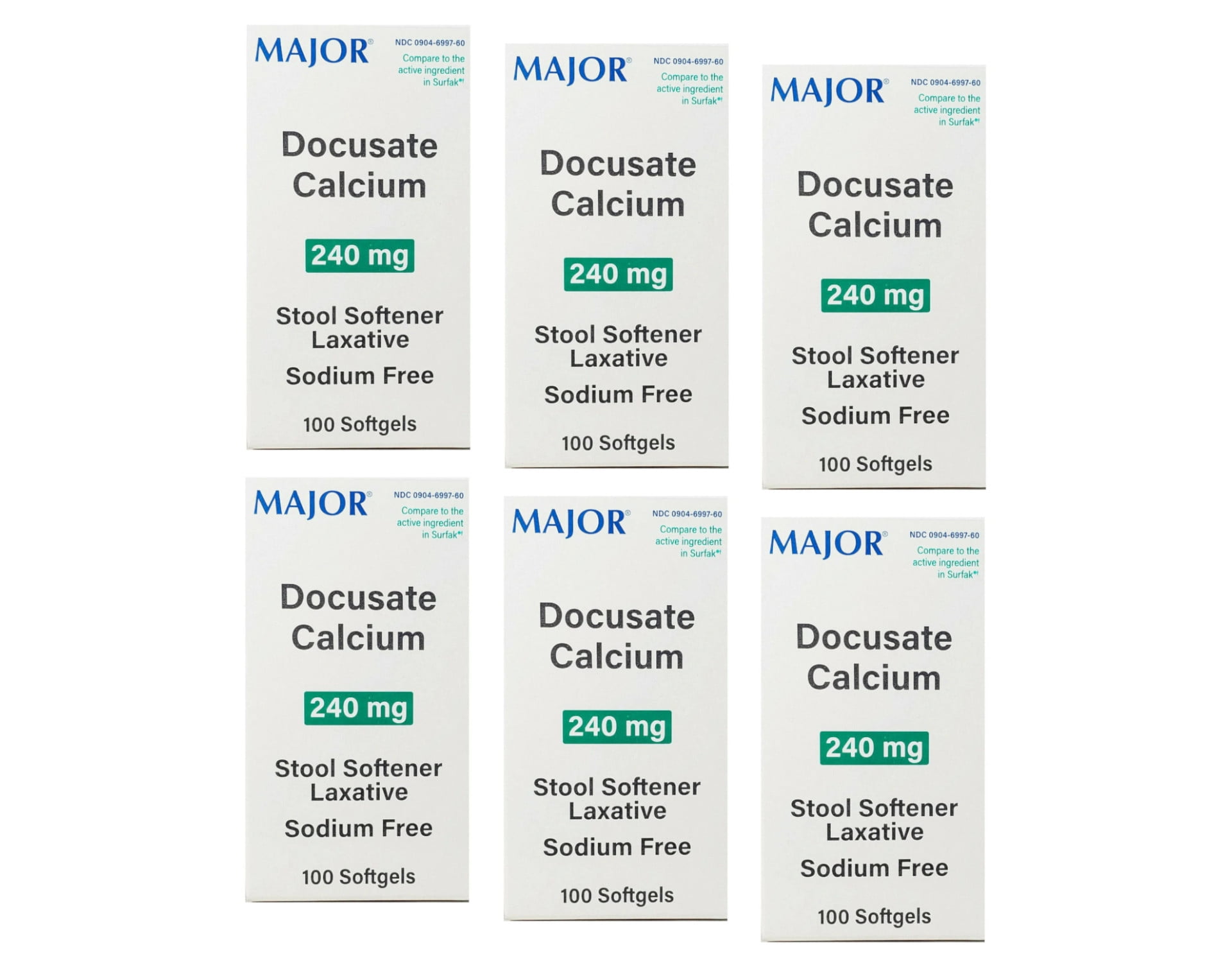 6 Pack Major Docusate Calcium 240mg Stool Softener Laxative Softgels