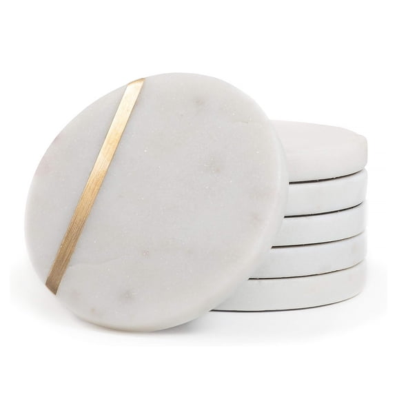 6 Pack Marble Coasters with Cork Backing, 4 in Round Natural Stone Drink Coasters with Brass Inlay, Absorbent & Non-Slip Table Coasters for Home, Kitchen & Office