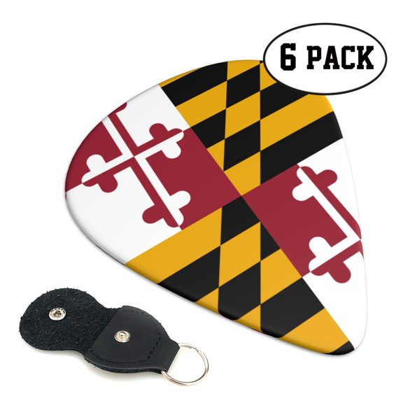 6 Pack Maryland-Flag Pattern Guitar Picks In Leather Picks Holder For Bass Electric Acoustic Guitars