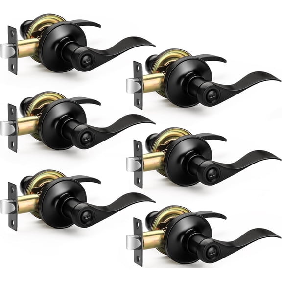 6 Pack Matte Black Door Handles Privacy Levers, Heavy Duty Wave Style Bed/Bath Locks Interior Knobs, Reversible Levers for Right/Left Handed Doors