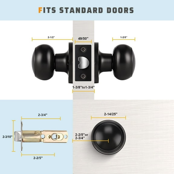 6 Pack Matte Black Door Knob - Round Interior Door Handles for Hallway & Closet, Non-Locking Passage Door Knobs with Durable Lockset, Easy Install