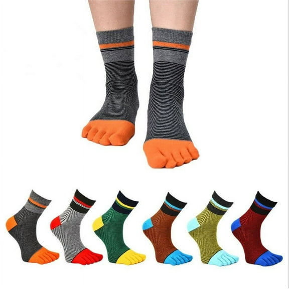 6 Pack Men Combed Cotton Five Finger Toe Crew Socks Breathe Casual Sport Stripe