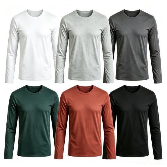 6 Pack Men Polyester Long Sleeve T-Shirts, Solid Crew Neck Basic Layering Tops for Spring and Autumn