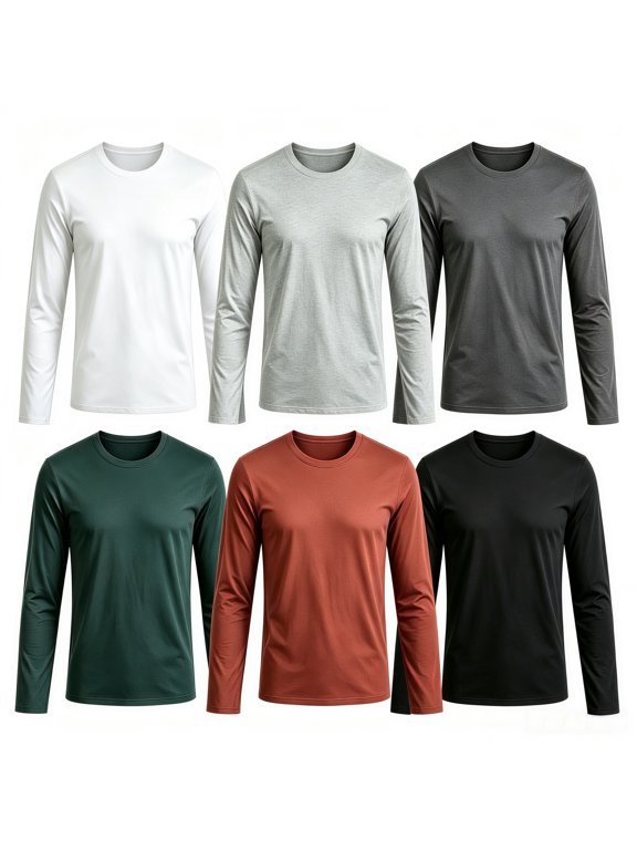 6 Pack Men Polyester Long Sleeve T-Shirts, Solid Crew Neck Basic Layering Tops for Spring and Autumn
