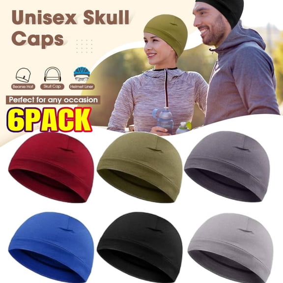 6 Pack Men Skull Caps Spandex Beanies Sleep Hats Sweat Wicking Cap Running Hats Cycling Skull Caps for Men Multifunctional Helmet Liner Cap for Men and Women