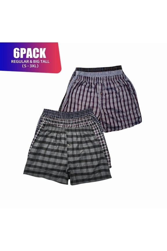 6 Pack Men's 100% Cotton Boxer Shorts Premium Cotton Random Mixed Color Pack Woven Relaxed Fit Underwear Elastic Waist Button Fly Pouch Menswear
