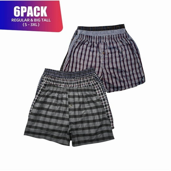6 Pack Men's 100% Cotton Boxer Shorts Premium Cotton Random Mixed Color Pack Woven Relaxed Fit Underwear Elastic Waist Button Fly Pouch Menswear