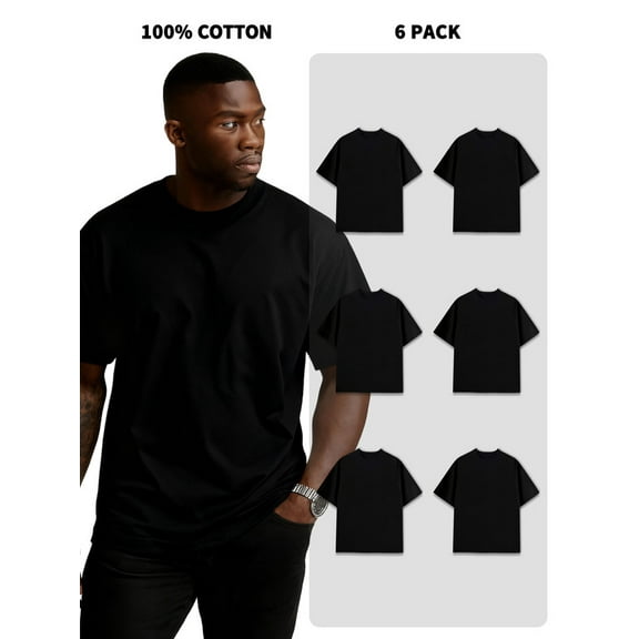 6-Pack Men's 100% Cotton Crew Neck Short-Sleeve T-Shirts, 180g, 1.5% Shrinkage Rate, Bulk