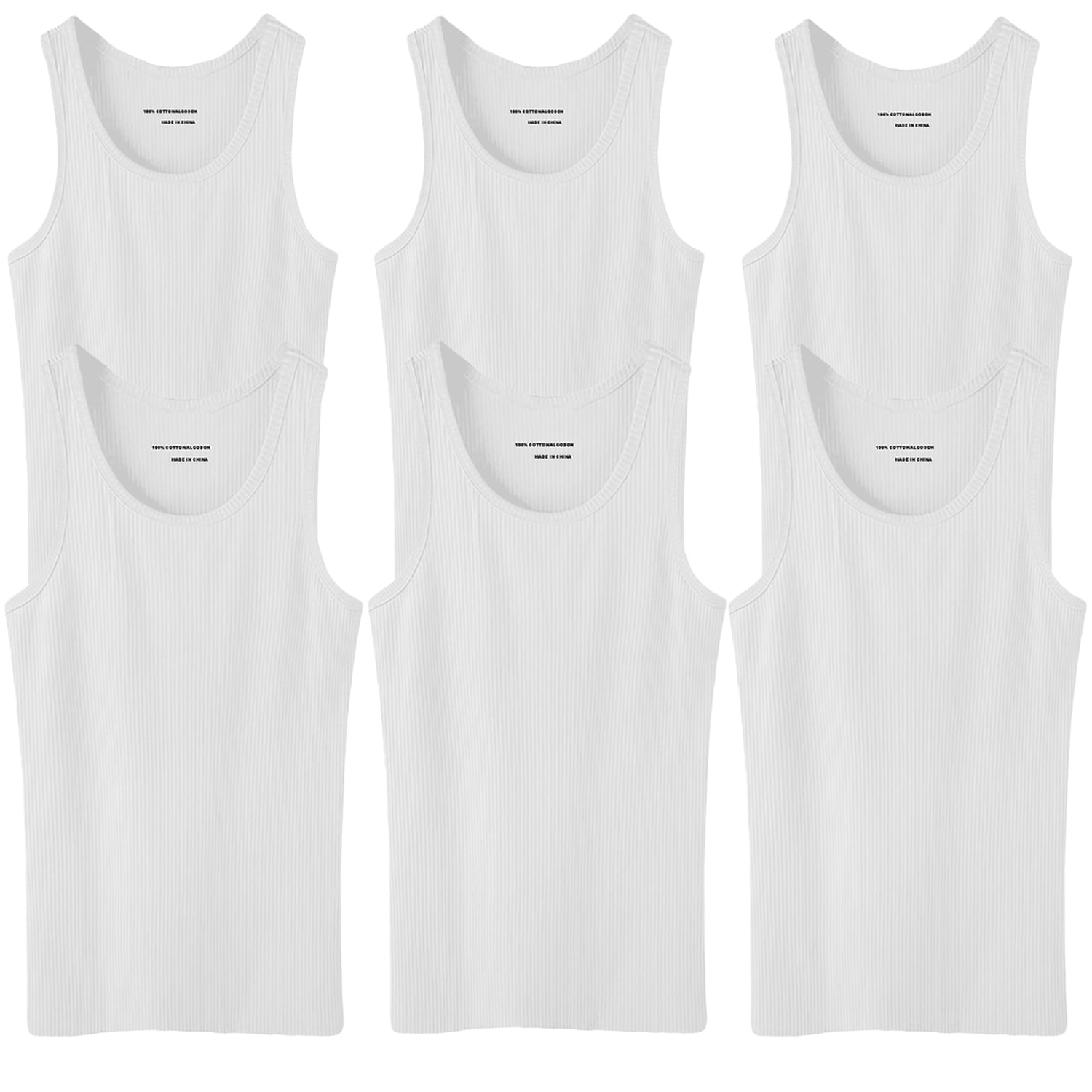 6 Pack Men's 100% Cotton Ribbed Plain Tank Tops Athletic A-Shirts Undershirts White Size:Large