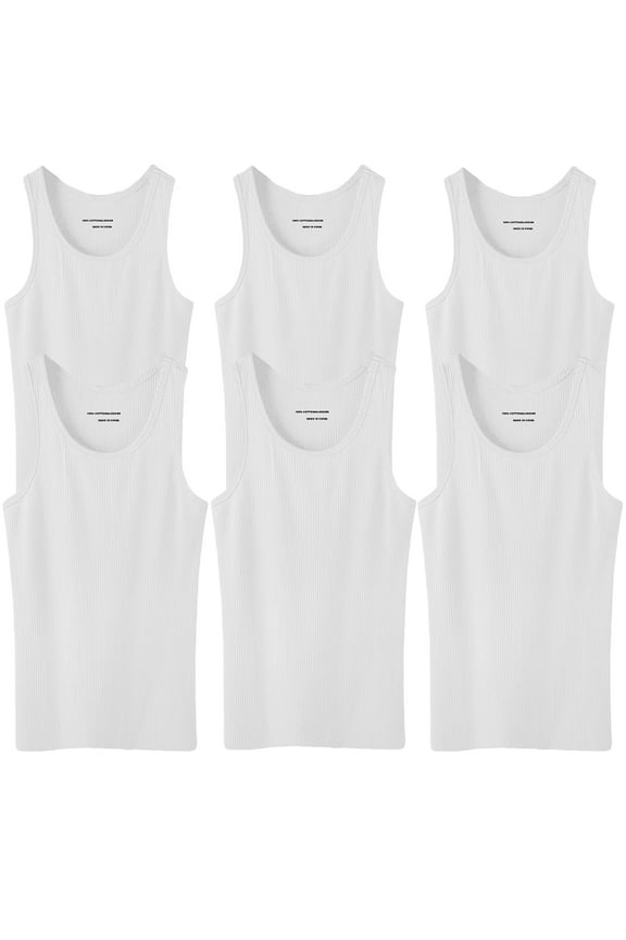 6 Pack Men's 100% Cotton Ribbed Plain Tank Tops Athletic A-Shirts Undershirts White Size:Small