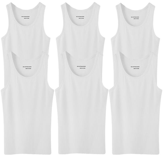 6 Pack Men's 100% Cotton Ribbed Plain Tank Tops Athletic A-Shirts Undershirts White Size:XX-Large