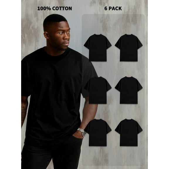 6-Pack Men's 100% Cotton Short Sleeve Crew Neck Tees - 180g, Shrink-Resistant, Cost-Effective, Black