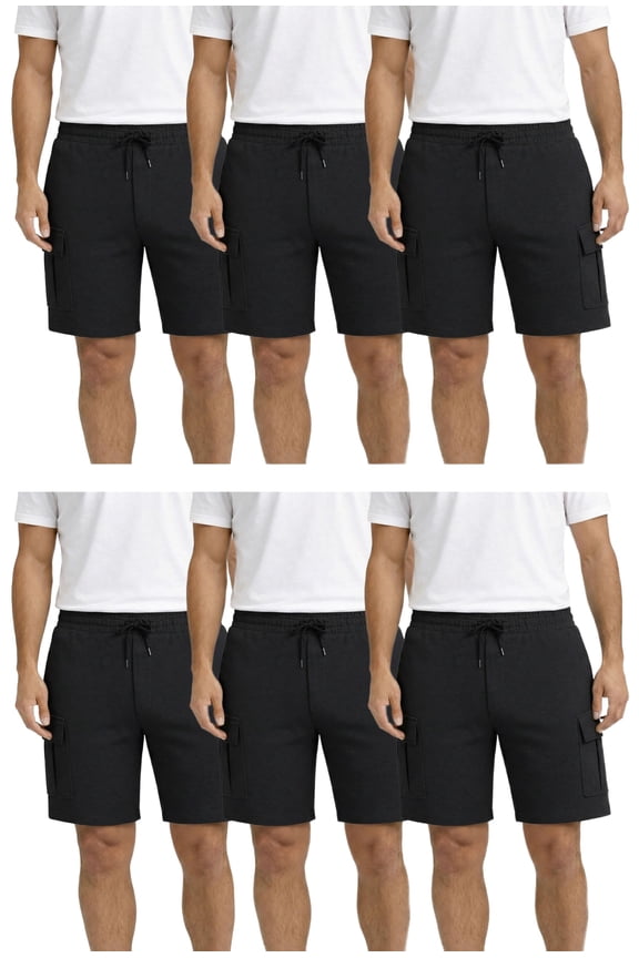 6-Pack Men's 5 Pocket Fleece Cargo Shorts, Cotton Blend Drawstring Athletic Lounge Shorts with Multiple Pockets, Black , XL