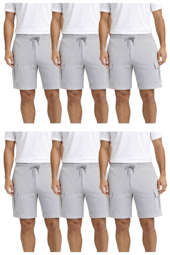 6-Pack Men's 5 Pocket Fleece Cargo Shorts, Cotton Blend Drawstring Athletic Lounge Shorts with Multiple Pockets, Heather Gray , XL