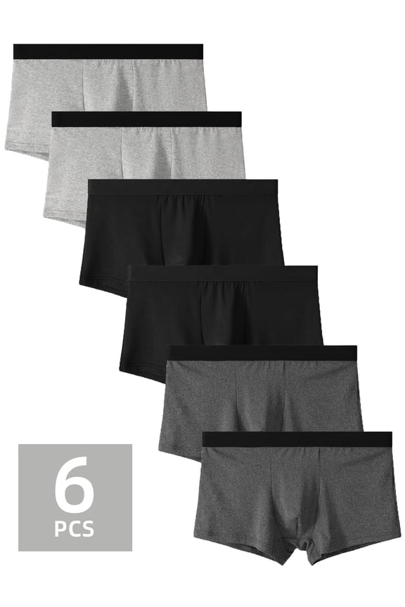 6-Pack Men's Black & Gray Basic Boxers | Black Waistband + Classic 3 Colors, Soft Cotton Breathable Fabric, Snug Elastic Fit. Zero-Burden Comfort for Home/Daily