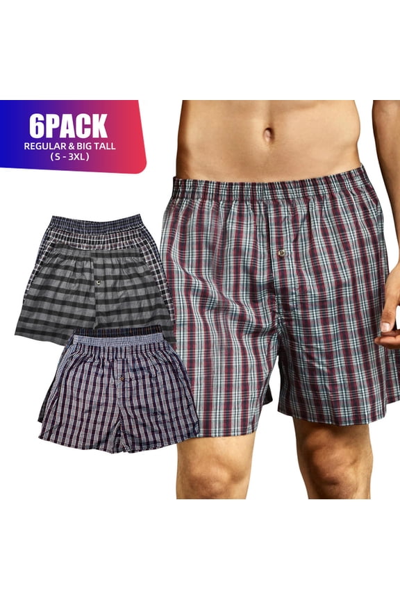 6 Pack Men's Cotton Blend Boxer Shorts Random Mixed Color Pack Woven Relaxed Fit Boxers for Men Soft Breathable Mens Underwear with Button Fly Pouch Elastic Waist Comfortable Fabric Menswear