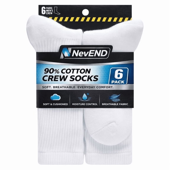 6 Pack Men's Cotton Crew Socks , Cushioned Breathable Work & Athletic Socks, Moisture Control, White Size L