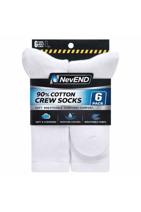 6 Pack Men's Cotton Crew Socks , Cushioned Breathable Work & Athletic Socks, Moisture Control, White Size L