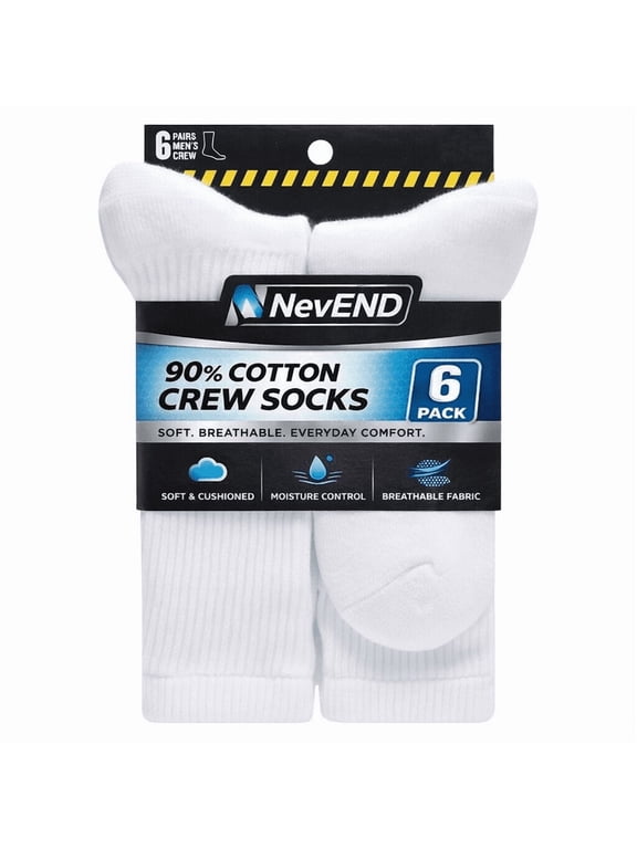 6 Pack Men's Cotton Crew Socks , Cushioned Breathable Work & Athletic Socks, Moisture Control, White Size L