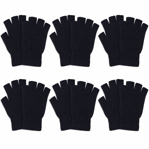 Men's Winter Polyester Magic Fingerless Gloves, Black, One Size, 6-Pack
