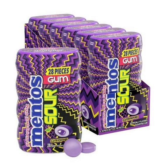 6 Pack | Mentos Sugar Free Sour Gum, Grape, 28 Pieces