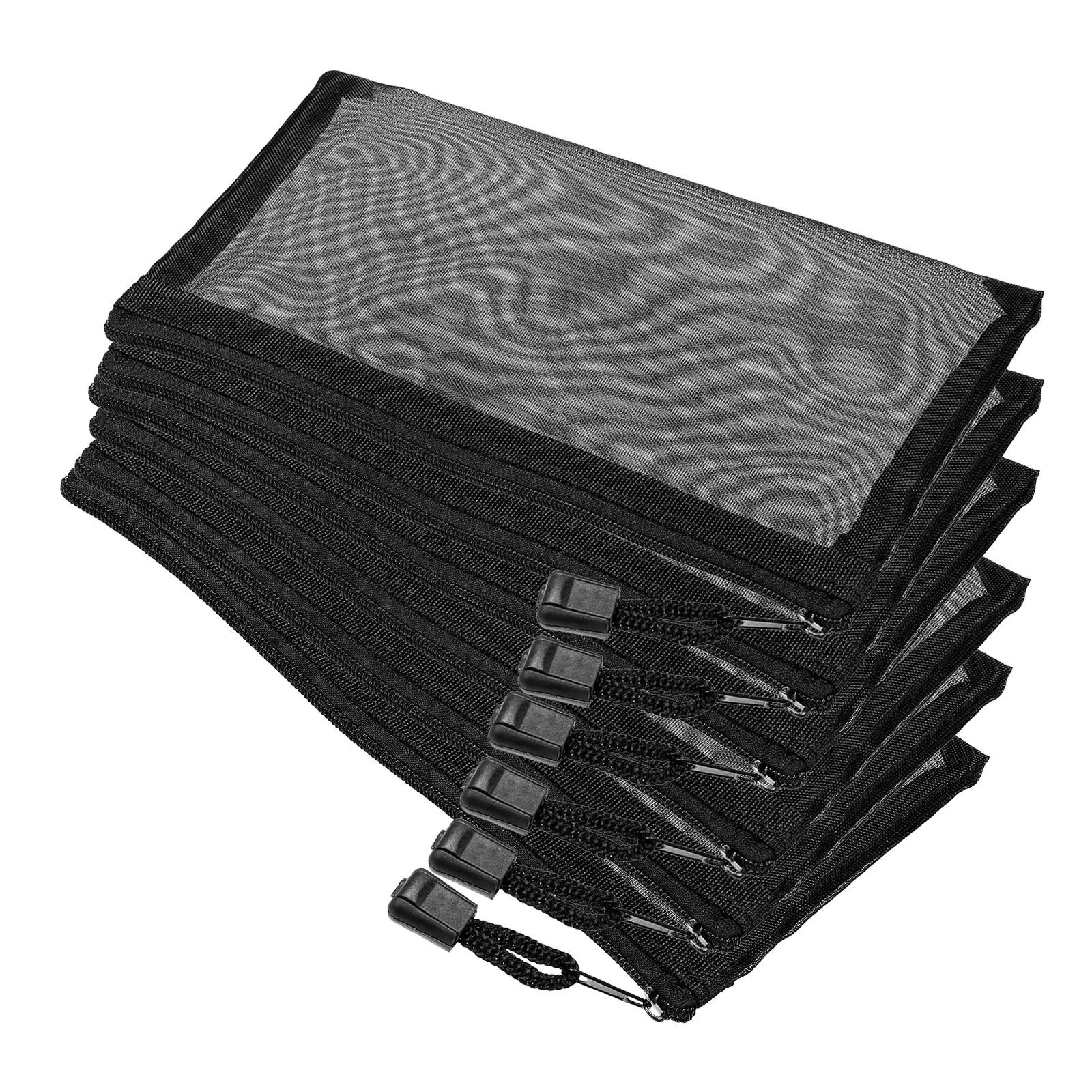 6 Pack Mesh Cosmetic Bags, A6 Nylon Pencil Cases | Zipper Organizer(Black)