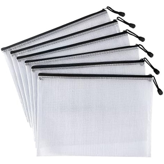 6 Pack Mesh Zipper Pouch Document Bag Waterproof Zip File Folders for School Office Supplies Travel Storage Bags (White)