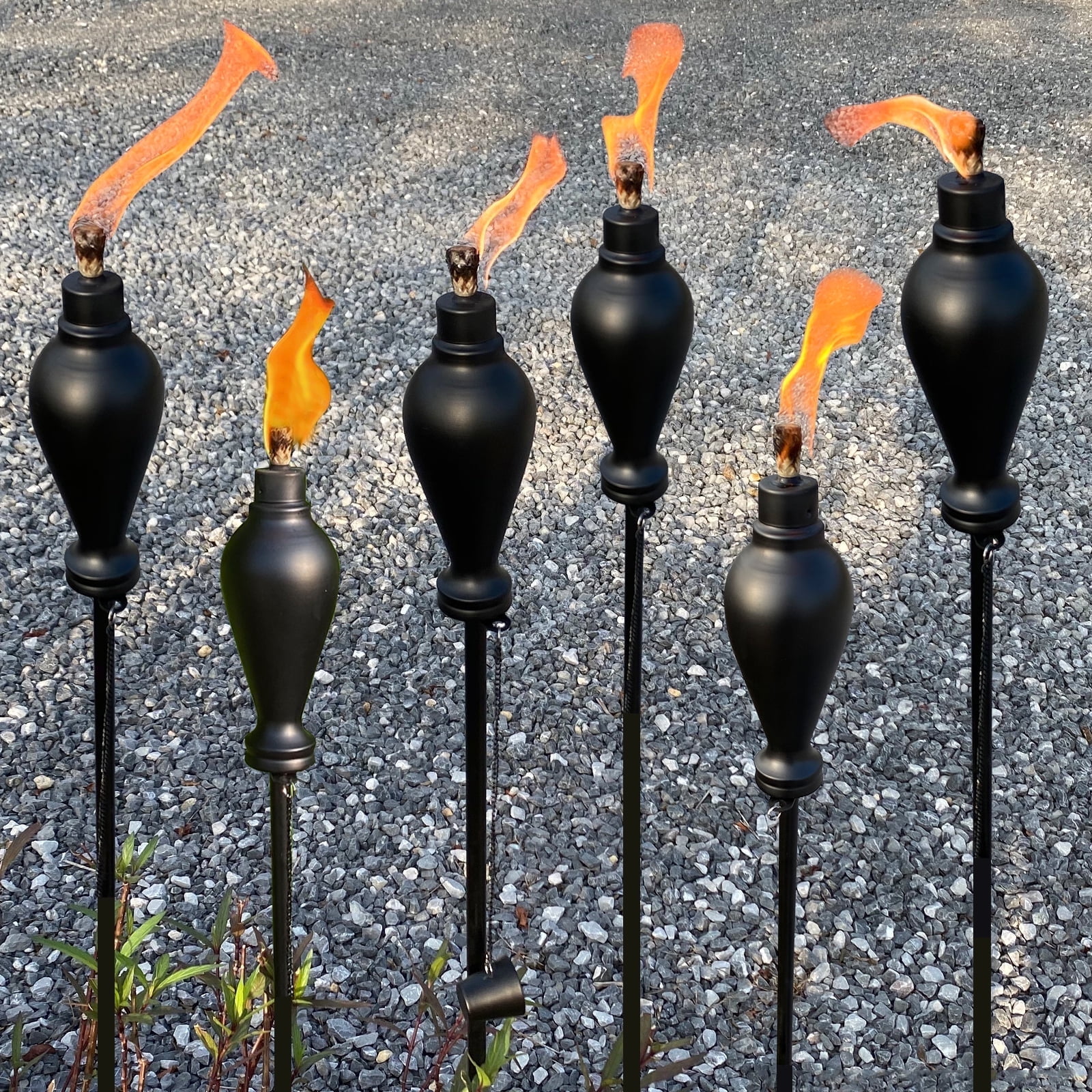 6 Pack Metal Citronella Torches Outdoor, 57 Inch Tall Garden Torches for Outside, Flame Metal Torches, Matte Black Refillable Outdoor Torches with Grounded Stake for Backyard Pathway Patio Party