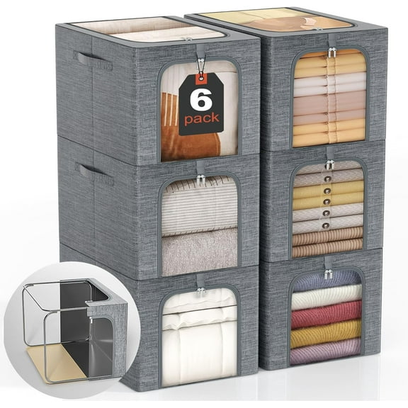 6-Pack Metal Frame Storage Bins with Lids, Stackable Closet Organizers with Clear Window, Large Capacity Clothing Storage Containers