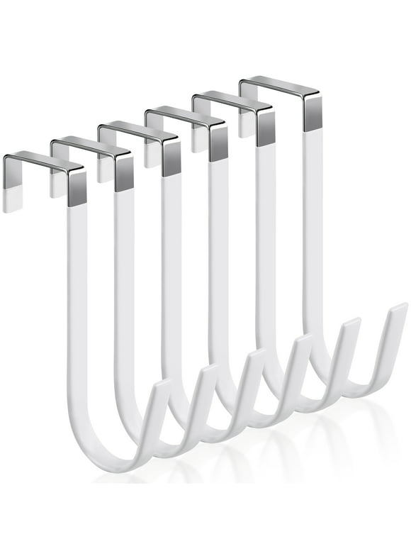 6 Pack Metal Over The Door Hooks, Over Door Hooks With Soft Rubber Surface, Heavy Duty Organizer Over The Door Hangers for Clothes, Umbrellas, Bag, Towels, Hats (White)