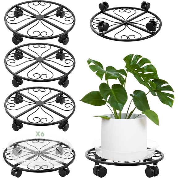 6 Pack Metal Plant Stand With Wheels - 13.5 Inch Heavy Duty Wrought Iron Rolling Caddy - Dolly, Rollers, Cart, Mover With 6 Pack Saucers