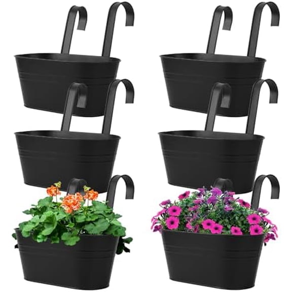 6 Pack Metal Railing Planter for Outdoor Plants, BlackIron Railing Planters, Metal Window Hanging Flower Pots for Balcony, Fence, and Patio Railings, Garden Decor with Drainage Holes$$Garden & Patio