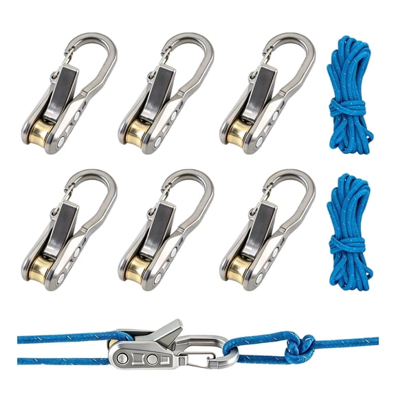 6 Pack Metal Rope Adjusters, Rustproof Heavy Duty Guyline Tensioners with 9FT Reflective Braided Cords for Camping Tent, Tarp, RV Awning & Boat Cover