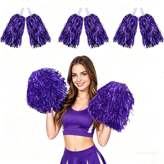 6-Pack Metallic Cheerleading Pom Poms with Handles, Bulk Cheer Poms for Sports, Dance, Football Games & Parties