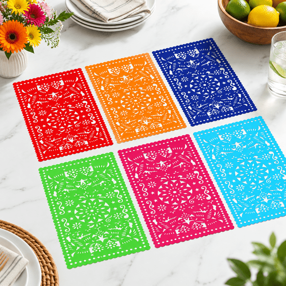 6 Pack Mexican Papel Picado Table Runners, 31.5 x 15.75 Inch, Color A